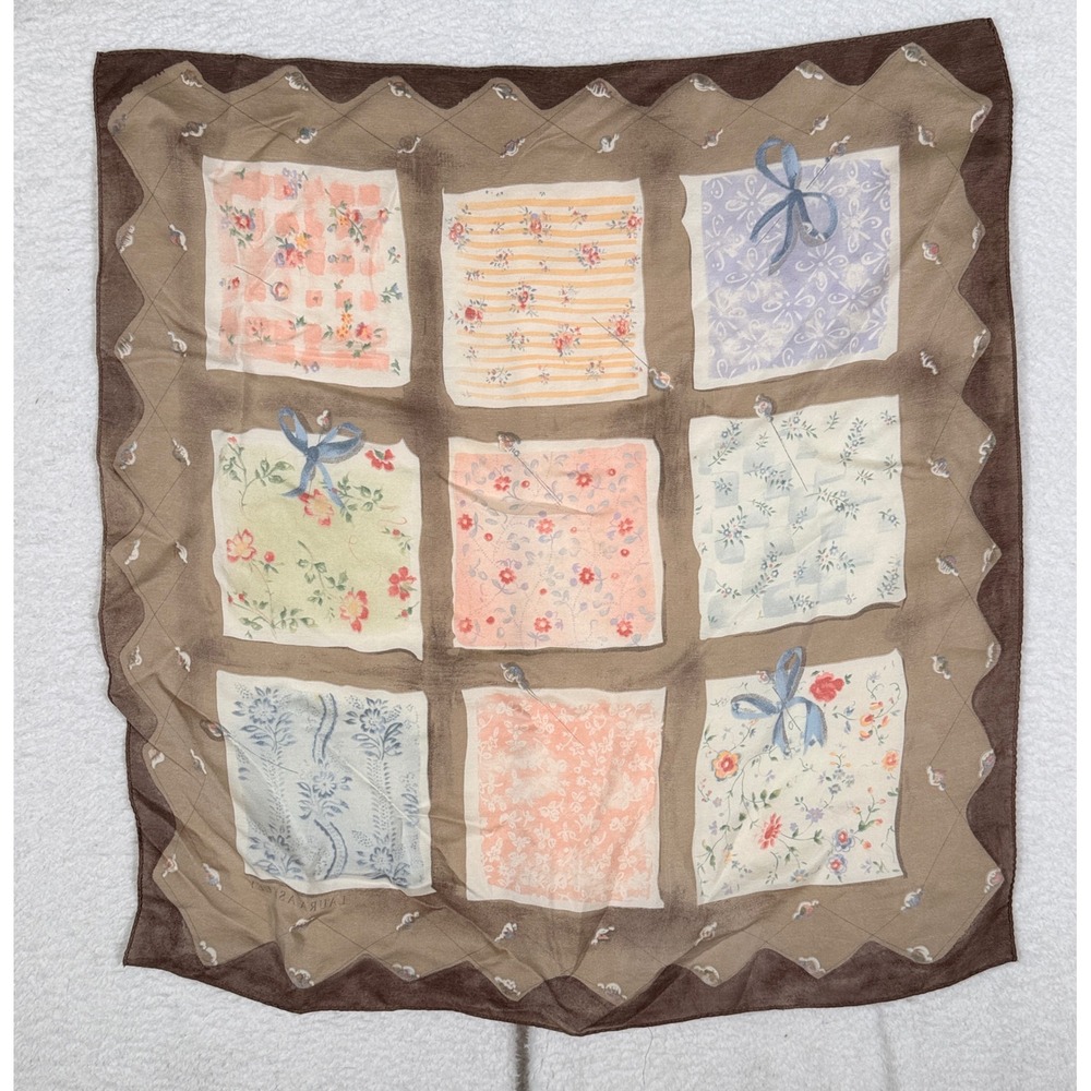 Laura Ashley Vintage Floral Patchwork Silk Scarf Brown Tan Square Cottagecore